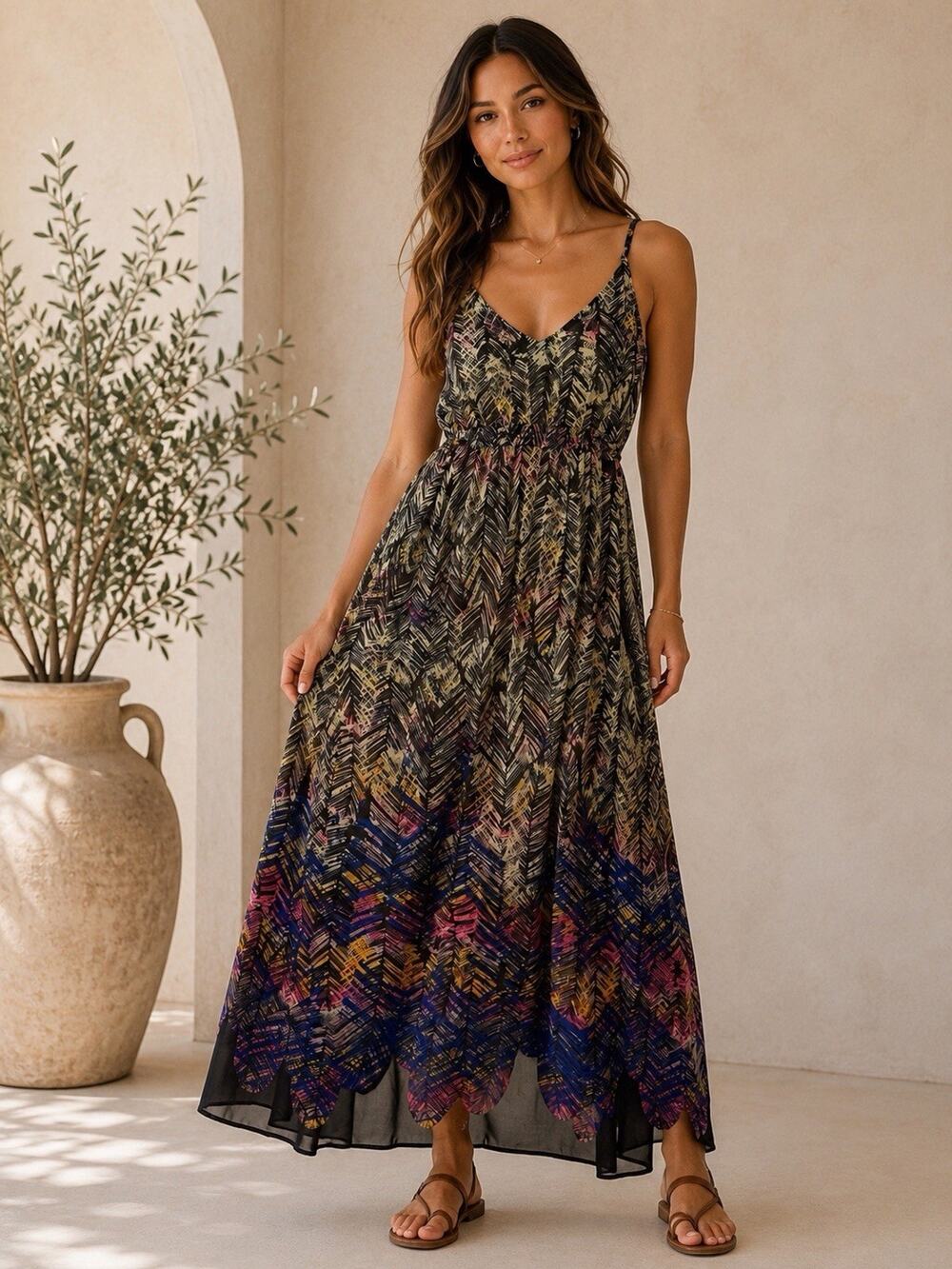 Charlie Jade Abstract Print Maxi Dress Empire Waist Spaghetti Strap Resort M